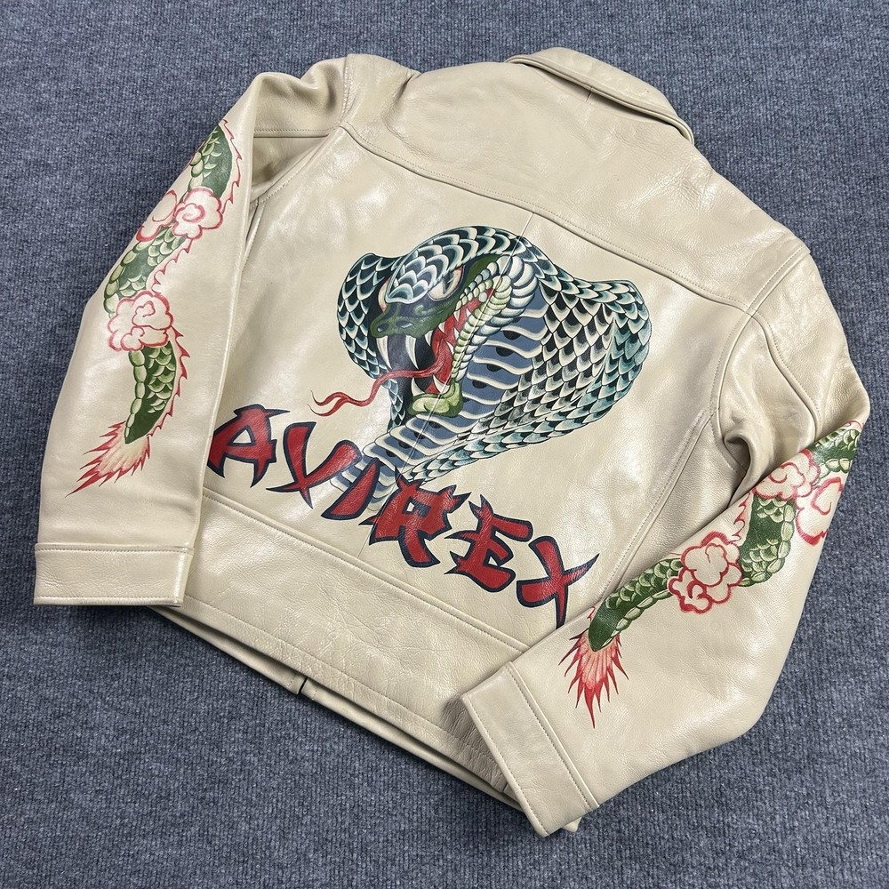 Vintage Avirex Jacket Women XL Beige Leather Snake Dragon Tattoo Varsity Graphic